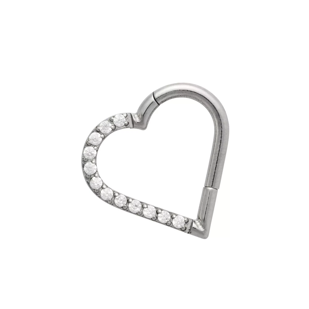 CZ Titanium Heart Hinged Hoop Ring - 16 Gauge