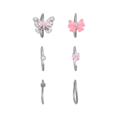 Multi-Pack CZ Pink Bow Butterfly Heart Hoop Nose Rings 6 Pack - 20 Gauge