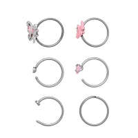 Multi-Pack CZ Pink Bow Butterfly Heart Hoop Nose Rings 6 Pack - 20 Gauge