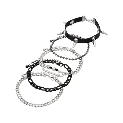 Multi-Pack Silvertone and Black Spiked Chain Bracelets - 5 Pack