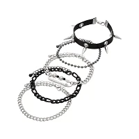 Multi-Pack Silvertone and Black Spiked Chain Bracelets - 5 Pack