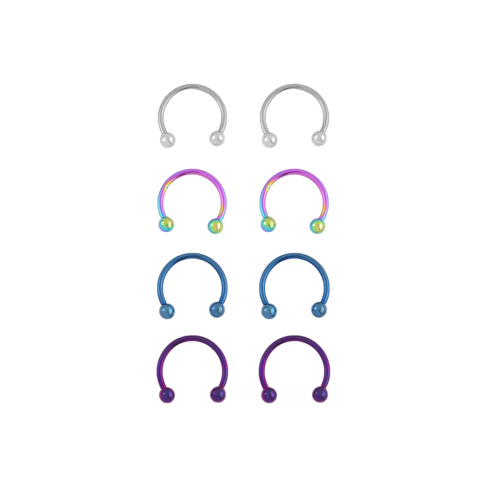 Multi-Pack Blue Purple and Silvertone Titanium Horseshoe Rings 4 Pair - 14 Gauge