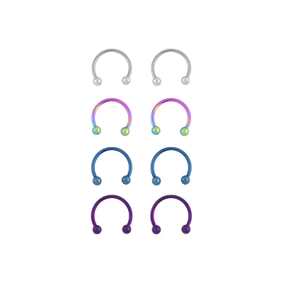 Multi-Pack Blue Purple and Silvertone Titanium Horseshoe Rings 4 Pair - 14 Gauge