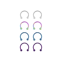 Multi-Pack Blue Purple and Silvertone Titanium Horseshoe Rings 4 Pair - 14 Gauge