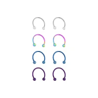 Multi-Pack Blue Purple and Silvertone Titanium Horseshoe Rings 4 Pair - 14 Gauge