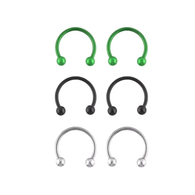 Multi-Pack Silvertone Black and Green Horseshoe Rings 3 Pair - 14 Gauge