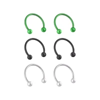 Multi-Pack Silvertone Black and Green Horseshoe Rings 3 Pair - 14 Gauge