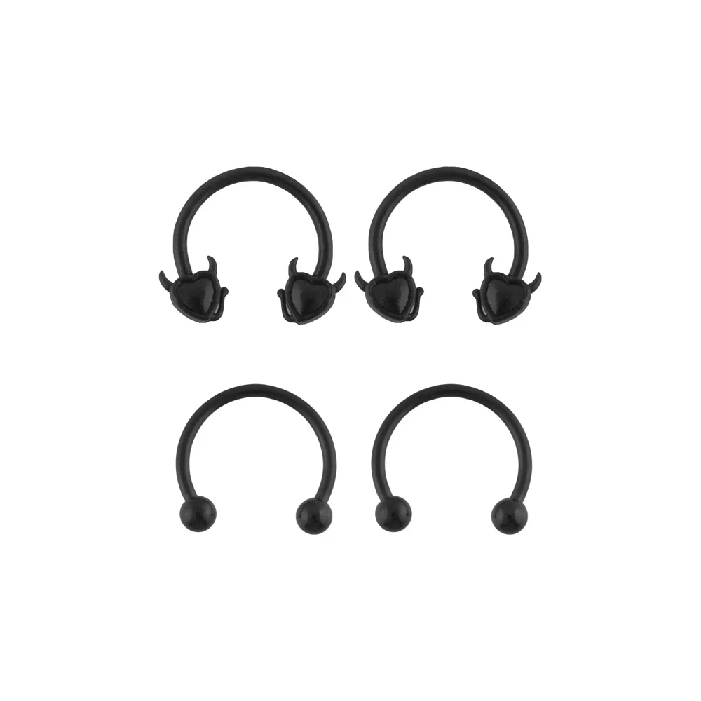 Multi-Pack Black Devil Heart and Basic Horseshoe Rings 2 Pair - 16 Gauge