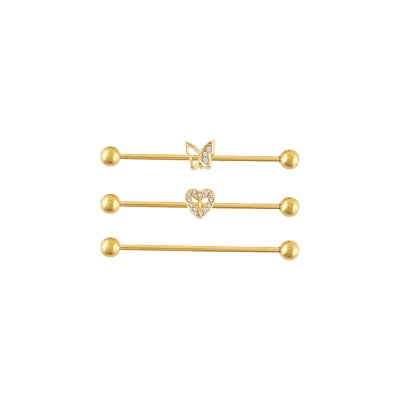 Multi-Pack CZ Heart Butterfly Titanium Industrial Barbells 3 Pack - 14 Gauge