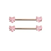 Pink CZ Heart ASTM F-136 Titanium Nipple Barbells - 14 Gauge