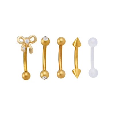 Multi-Pack CZ Bow Goldtone Curved Barbells and Retainer 5 Pack - 16 Gauge