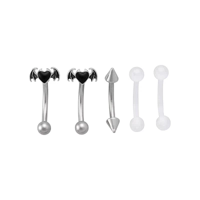 Multi-Pack Bat Heart Curved Barbells and Retainers 5 Pack - 16 Gauge