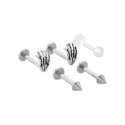 Multi-Pack Silvertone Skeleton Hand Flatback Labret Lip Rings 5 Pack - 16 Gauge