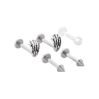 Multi-Pack Silvertone Skeleton Hand Flatback Labret Lip Rings 5 Pack - 16 Gauge