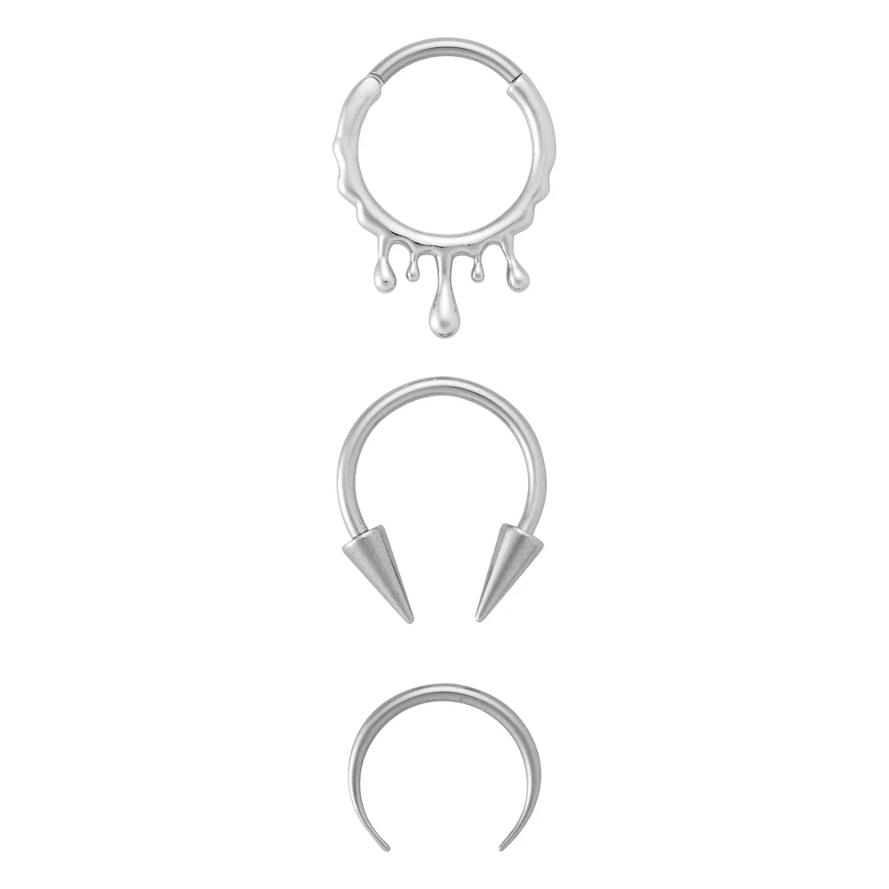 Multi-Pack Spiked Horseshoes and Drip Hanged Septum Ring 3 Pack - 16 Gauge