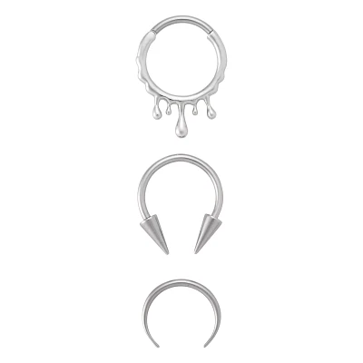 Multi-Pack Spiked Horseshoes and Drip Hanged Septum Ring 3 Pack - 16 Gauge