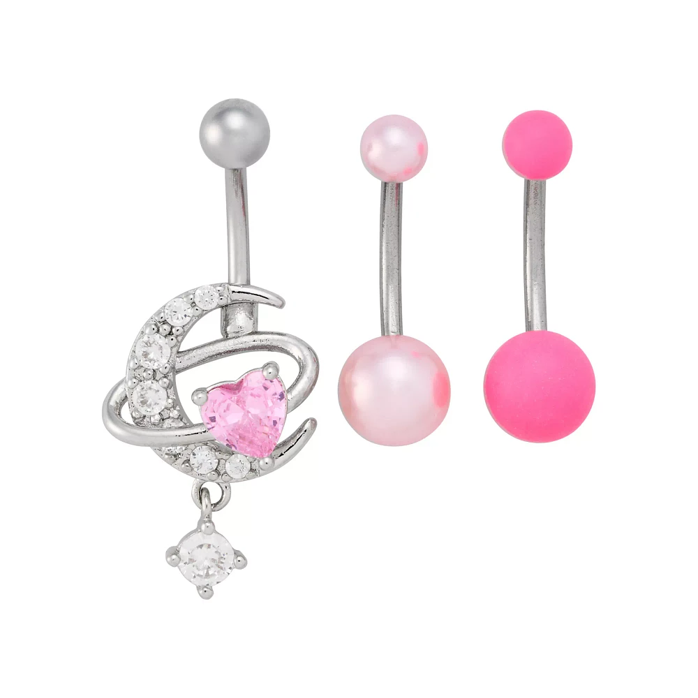 Multi-Pack Pink CZ Moon Belly Rings 3 Pack - 14 Gauge