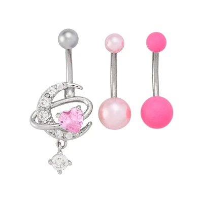 Multi-Pack Pink CZ Moon Belly Rings 3 Pack - 14 Gauge
