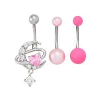 Multi-Pack Pink CZ Moon Belly Rings 3 Pack - 14 Gauge