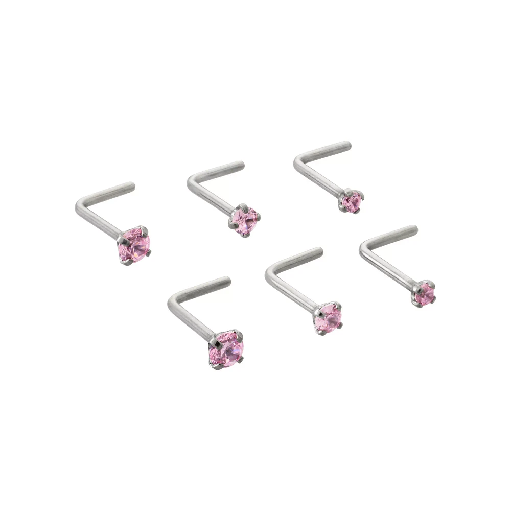 Multi-Pack CZ Pink L-Bend Nose Rings 6 Pack - 20 Gauge