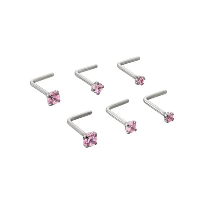 Multi-Pack CZ Pink L-Bend Nose Rings 6 Pack - 20 Gauge