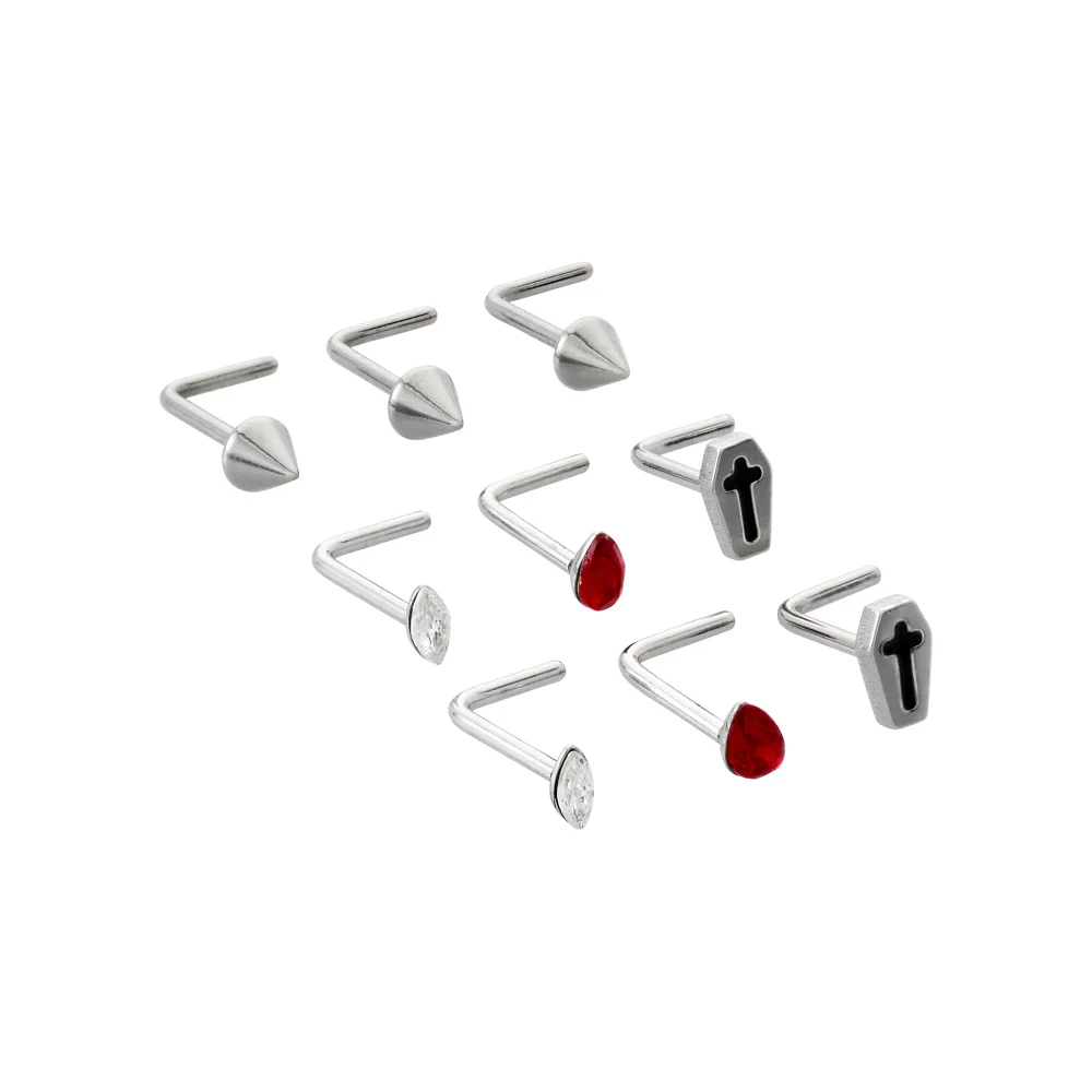 Multi-Pack CZ Red Coffin L-Bend Nose Rings 9 Pack - 20 Gauge
