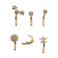 Multi-Pack CZ Goldtone Sun Moon Star L-Bend Nose Rings 6 Pack - 20 Gauge