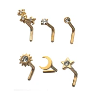 Multi-Pack CZ Goldtone Sun Moon Star L-Bend Nose Rings 6 Pack - 20 Gauge