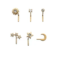 Multi-Pack CZ Goldtone Sun Moon Star L-Bend Nose Rings 6 Pack - 20 Gauge