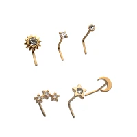 Multi-Pack CZ Goldtone Sun Moon Star L-Bend Nose Rings 6 Pack - 20 Gauge