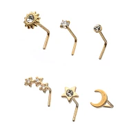 Multi-Pack CZ Goldtone Sun Moon Star L-Bend Nose Rings 6 Pack - 20 Gauge