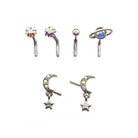 Moon and Star Dangle L-Bend Nose Rings 6 Pack - 20 Gauge