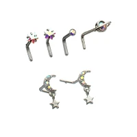 Moon and Star Dangle L-Bend Nose Rings 6 Pack - 20 Gauge