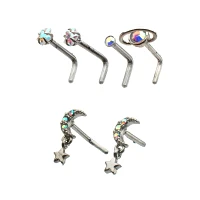 Moon and Star Dangle L-Bend Nose Rings 6 Pack - 20 Gauge