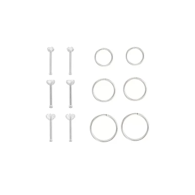 Multi-Pack CZ Silvertone Titanium Nose Pins and Hoop Nose Rings 12 Pack - 18 Gauge