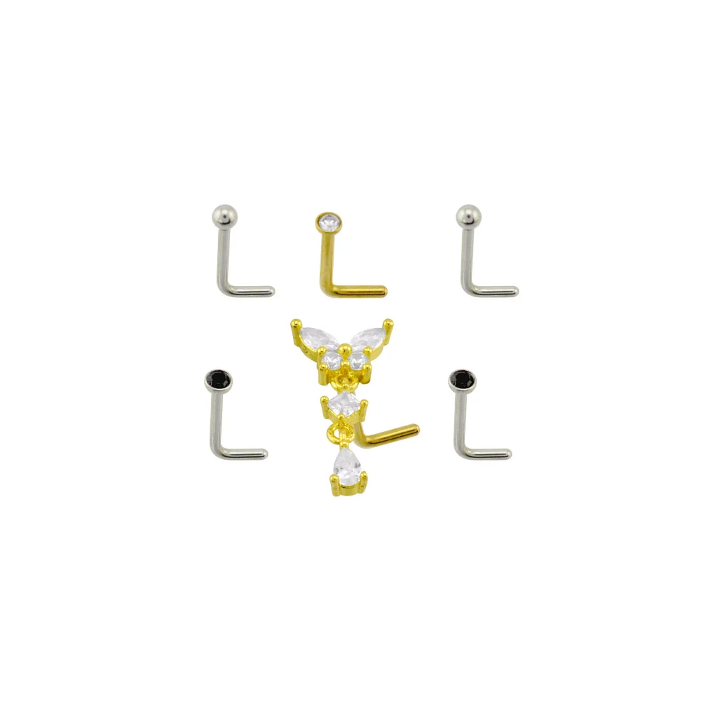 Multi-Pack Silvertone and Goldtone CZ Butterfly Dangle L-Bend Nose Pins 6 Pack - 18 Gauge