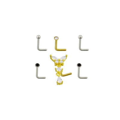 Multi-Pack Silvertone and Goldtone CZ Butterfly Dangle L-Bend Nose Pins 6 Pack - 18 Gauge