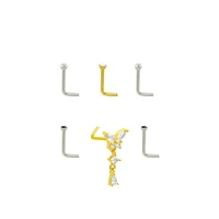 Multi-Pack Silvertone and Goldtone CZ Butterfly Dangle L-Bend Nose Pins 6 Pack - 18 Gauge