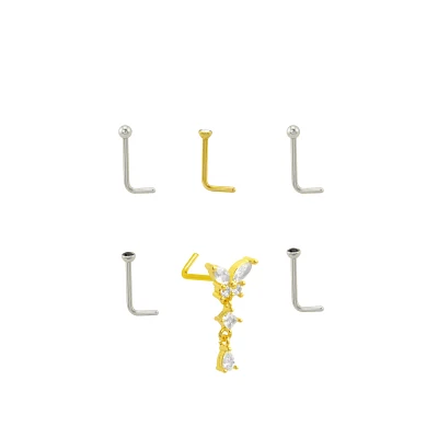 Multi-Pack Basic and CZ Butterfly Dangle L-Bend Nose Pins 6 Pack - 22 Gauge