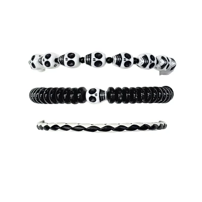 Multi-Pack Black and White Skull Cord and Beaded Bracelets - 3 Pack