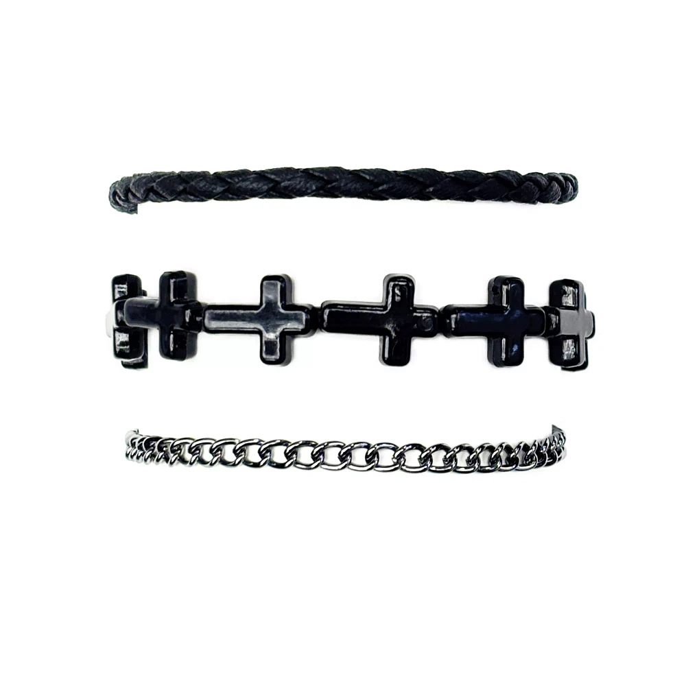 Multi-Pack Black Cross Beaded and Chain Bracelets - 3 Pack
