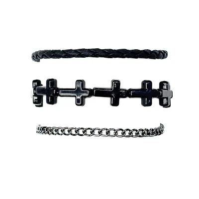 Multi-Pack Black Cross Beaded and Chain Bracelets - 3 Pack