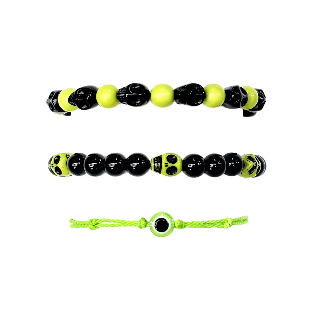 Multi-Pack Black and Neon Green Skull Cord and Beaded Bracelets - 3 Pack