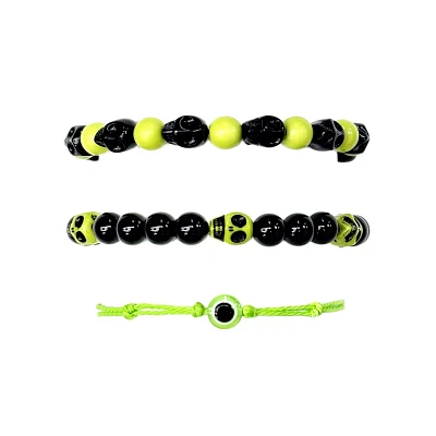 Multi-Pack Black and Neon Green Skull Cord and Beaded Bracelets - 3 Pack
