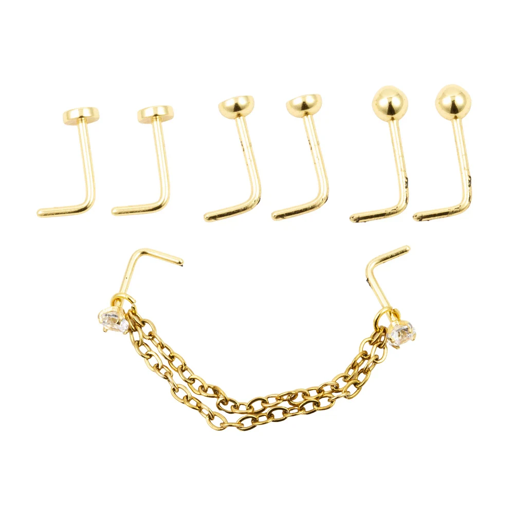 Multi-Pack Goldtone CZ Chain L-Bend Nose Pins 4 Pair - 20 Gauge