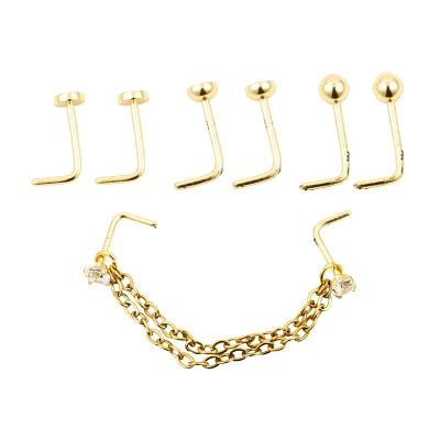 Multi-Pack Goldtone CZ Chain L-Bend Nose Pins 4 Pair - 20 Gauge