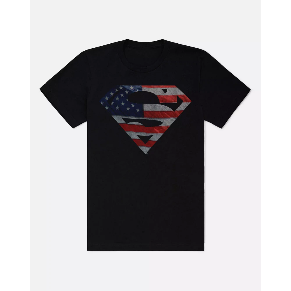 Superman Black American Flag Shield T Shirt - DC