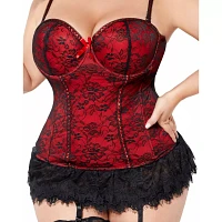 Plus Victorian Lace Bustier and Thong Panties Set - Red