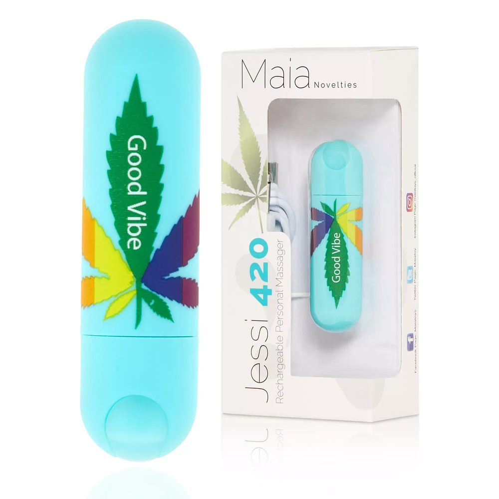 Jessi 420 Blue 10-Function Rechargeable Waterproof Weed Leaf Bullet Vibrator - 3 Inch