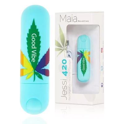 Jessi 420 Blue 10-Function Rechargeable Waterproof Weed Leaf Bullet Vibrator - 3 Inch